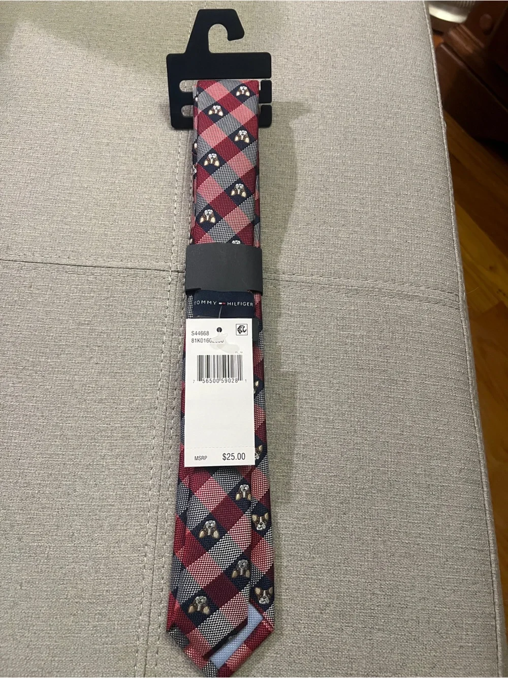 Tommy Hilfiger Red and Navy Plaid Silk Tie Featuring Embroidered French Bulldog